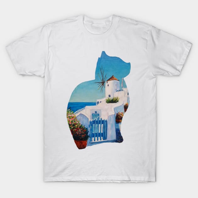 Santorini Cat T-Shirt by Gatoulart